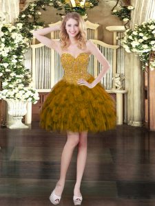 Inexpensive Sweetheart Sleeveless Prom Dress Mini Length Beading and Ruffles Brown Organza