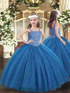 Simple Blue Lace Up Straps Beading Girls Pageant Dresses Tulle Sleeveless
