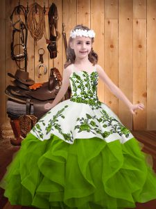  Sleeveless Organza Floor Length Lace Up Little Girls Pageant Dress in Olive Green with Embroidery and Ruffles
