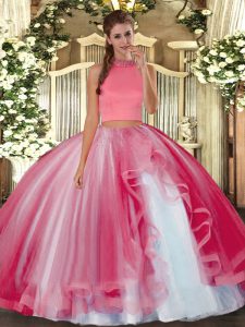 Most Popular Floor Length Coral Red Quince Ball Gowns Tulle Sleeveless Beading and Ruffles
