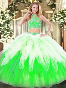 Dramatic Multi-color Sweet 16 Dress Military Ball and Sweet 16 and Quinceanera with Beading and Ruffles High-neck Sleeveless Backless