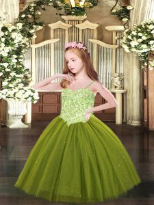 Beautiful Olive Green Ball Gowns Spaghetti Straps Sleeveless Tulle Floor Length Lace Up Appliques Little Girl Pageant Dress