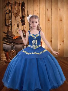  Blue Organza Lace Up Little Girl Pageant Dress Sleeveless Floor Length Beading and Embroidery and Ruffles