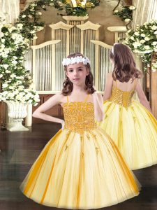 High End Sleeveless Tulle Floor Length Lace Up Child Pageant Dress in Orange with Beading
