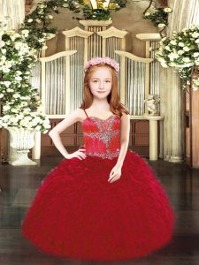  Floor Length Lace Up Girls Pageant Dresses Wine Red for Party and Quinceanera with Beading and Ruffles