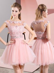  Sleeveless Tulle Knee Length Side Zipper Quinceanera Dama Dress in Baby Pink with Beading and Lace