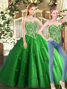  Green Tulle Lace Up Sweetheart Sleeveless Floor Length 15th Birthday Dress Beading