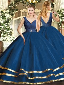 Charming Navy Blue Sleeveless Beading and Ruffled Layers Floor Length Quinceanera Dresses