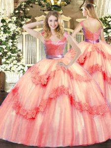 Delicate V-neck Sleeveless Zipper Quince Ball Gowns Watermelon Red Tulle