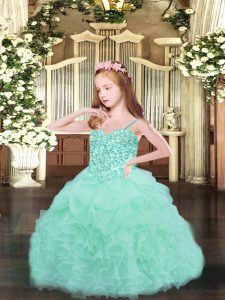 Lovely Apple Green Lace Up Spaghetti Straps Beading and Ruffles and Pick Ups Girls Pageant Dresses Organza Sleeveless