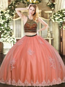  Floor Length Zipper Quinceanera Dress Coral Red for Military Ball and Sweet 16 and Quinceanera with Beading and Appliques