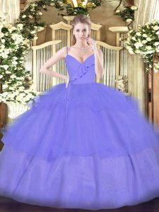  Floor Length Lavender Sweet 16 Dresses Organza Sleeveless Ruffled Layers
