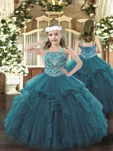 Attractive Teal Straps Neckline Beading and Ruffles Little Girls Pageant Dress Wholesale Sleeveless Lace Up