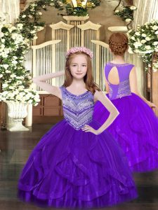 Excellent Ball Gowns Child Pageant Dress Purple Scoop Tulle Sleeveless Floor Length Lace Up