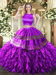 Smart Eggplant Purple Criss Cross 15th Birthday Dress Ruffles and Sequins Sleeveless Floor Length
