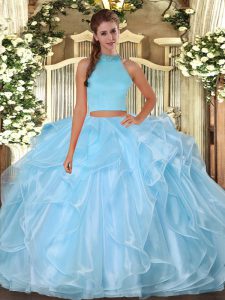  Light Blue Organza Backless Sweet 16 Dresses Sleeveless Floor Length Beading and Ruffles