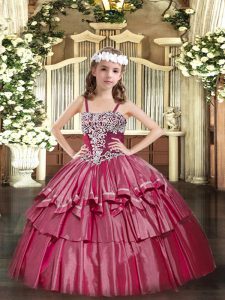 High End Ball Gowns Little Girls Pageant Gowns Hot Pink Straps Organza Sleeveless Floor Length Lace Up