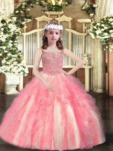  Watermelon Red Lace Up Straps Beading and Ruffles Pageant Gowns For Girls Tulle Sleeveless