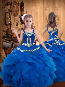  Sleeveless Floor Length Embroidery and Ruffles Lace Up Party Dress for Toddlers with Blue