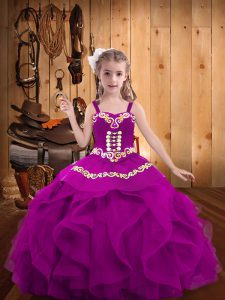 Best Fuchsia Organza Lace Up Little Girls Pageant Dress Sleeveless Floor Length Embroidery and Ruffles