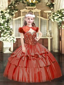  Coral Red Sleeveless Organza Lace Up Little Girls Pageant Dress for Party and Quinceanera