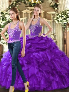 Unique Ball Gowns Quinceanera Gowns Eggplant Purple Straps Tulle Sleeveless Floor Length Lace Up
