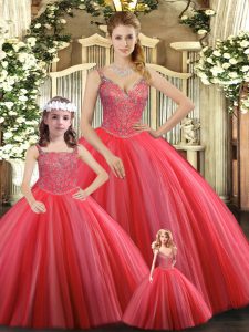  Tulle Straps Sleeveless Lace Up Beading Sweet 16 Dresses in Coral Red