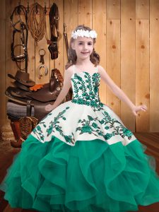  Turquoise Little Girl Pageant Dress Sweet 16 and Quinceanera with Embroidery and Ruffles Straps Sleeveless Lace Up