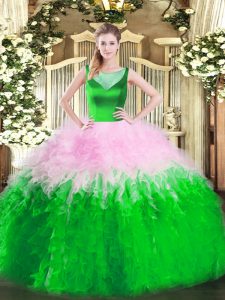  Sleeveless Floor Length Beading and Ruffles Side Zipper 15 Quinceanera Dress with Multi-color