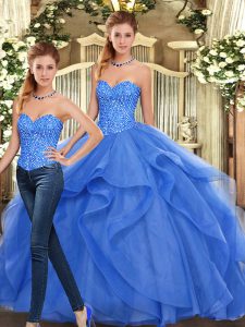  Blue Sleeveless Beading and Ruffles Floor Length 15th Birthday Dress