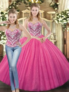 High Quality Hot Pink Sleeveless Floor Length Beading Lace Up Quinceanera Gowns
