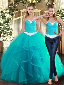 Superior Turquoise Sweetheart Lace Up Ruffles Sweet 16 Dress Sleeveless