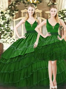 Top Selling Dark Green Quinceanera Dress Military Ball and Sweet 16 and Quinceanera with Beading and Ruffled Layers Straps Sleeveless Lace Up