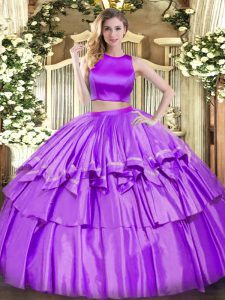  Eggplant Purple Two Pieces Tulle High-neck Sleeveless Ruffled Layers Floor Length Criss Cross Quinceanera Gown