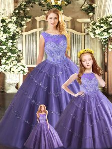Stylish Floor Length Lavender Sweet 16 Dress Tulle Sleeveless Beading