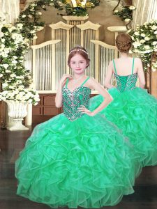 Trendy Turquoise Ball Gowns Spaghetti Straps Sleeveless Organza Floor Length Lace Up Beading and Ruffles Kids Formal Wear