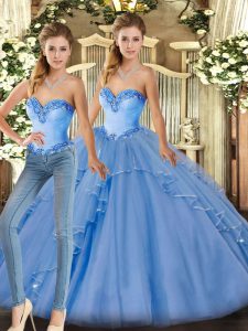  Sweetheart Sleeveless Ball Gown Prom Dress Floor Length Beading and Ruffles Baby Blue Organza