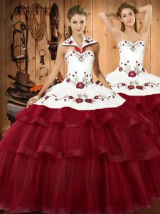 Fantastic Sweep Train Ball Gowns Sweet 16 Dresses Wine Red Halter Top Organza Sleeveless Lace Up