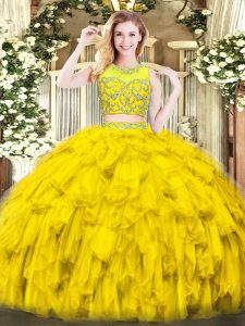 Graceful Gold Two Pieces Scoop Sleeveless Tulle Floor Length Zipper Beading and Ruffles Sweet 16 Dress