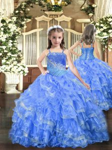 Super Baby Blue Sleeveless Floor Length Beading and Ruffled Layers Lace Up Kids Formal Wear