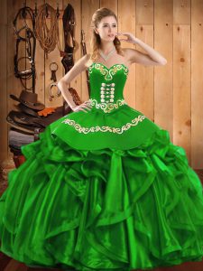  Sleeveless Organza Floor Length Lace Up Quinceanera Gown in Green with Embroidery and Ruffles