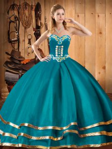Edgy Teal Sleeveless Floor Length Embroidery Lace Up Quince Ball Gowns
