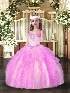  Lilac Straps Neckline Beading and Ruffles Little Girls Pageant Dress Sleeveless Lace Up
