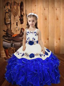 Super Floor Length Ball Gowns Sleeveless Royal Blue Pageant Gowns For Girls Lace Up
