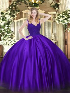 Top Selling Purple Ball Gowns Beading and Lace Quinceanera Gown Backless Satin Sleeveless Floor Length