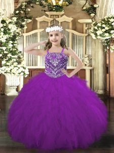  Sleeveless Floor Length Beading and Ruffles Lace Up Little Girls Pageant Gowns with Purple