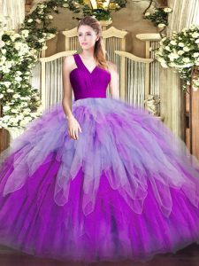  Sleeveless Organza Floor Length Zipper Quinceanera Gown in Multi-color with Ruffles