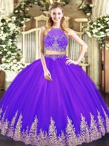 Glittering Purple Scoop Zipper Beading and Appliques Quince Ball Gowns Sleeveless