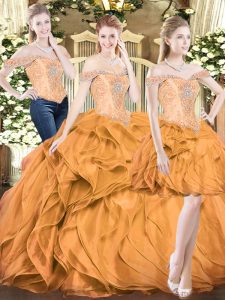 Glittering Orange Red Ball Gowns Off The Shoulder Sleeveless Organza Floor Length Lace Up Beading and Ruffles 15th Birthday Dress
