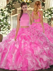 Great Two Pieces Sweet 16 Quinceanera Dress Rose Pink Halter Top Organza Sleeveless Floor Length Backless